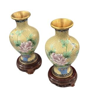 Vintage Chinese Cloisonne Enamel Miniature Vases Pair Yellow Floral with Stands